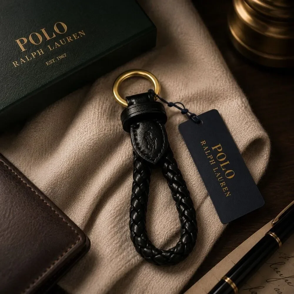 Polo Ralph Lauren Braided Genuine Leather Key Chain Black Brass Ring NWT Pony
